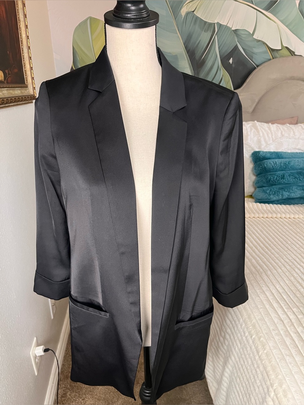 Express Black Satin Open Front Women's Blazer Jacket Medium